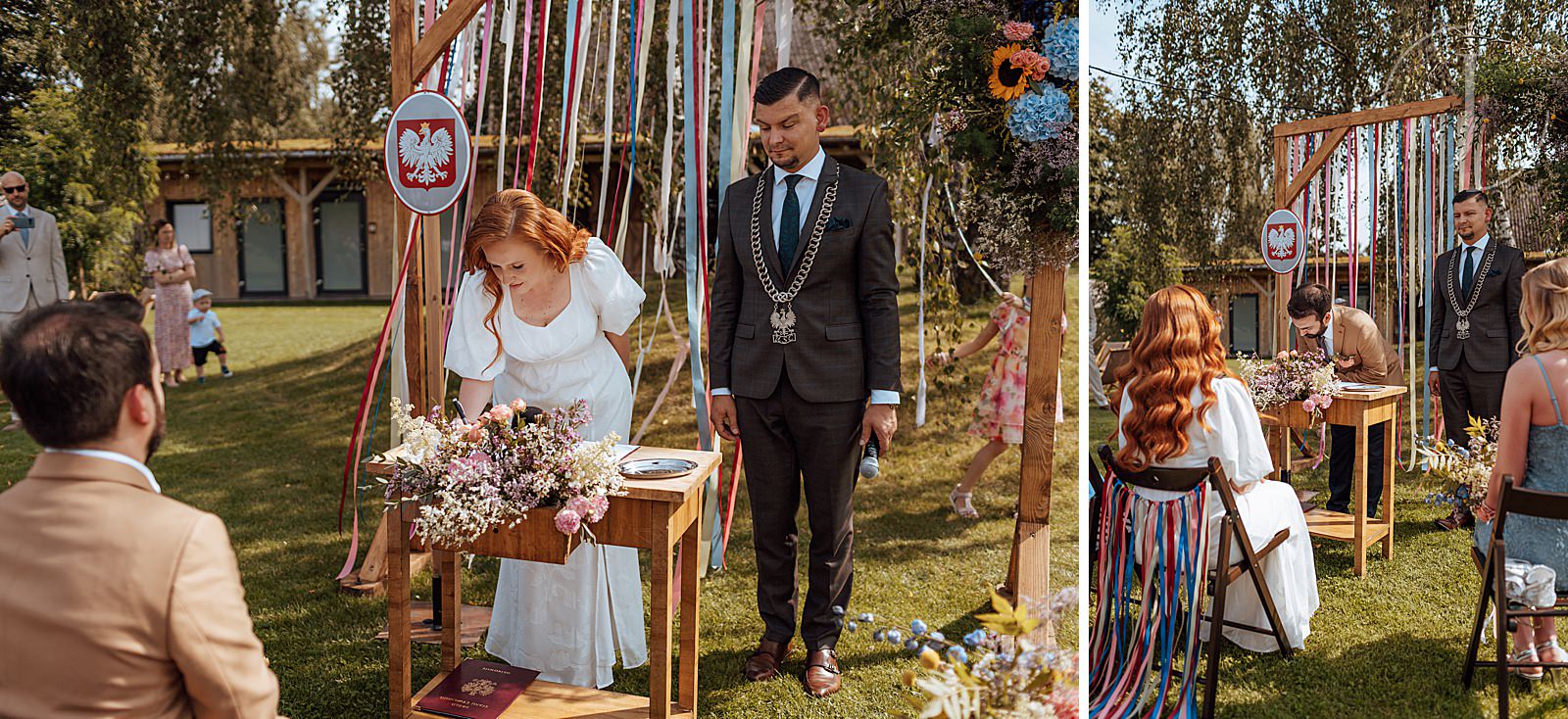 Para Młoda składająca podpisy podczas cywilnej ceremonii ślubu w plenerze.
