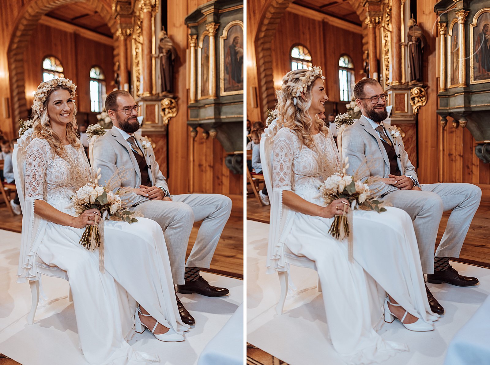 Uśmiechnięta Para Młoda w kościele. Fotograf ślubny Konin