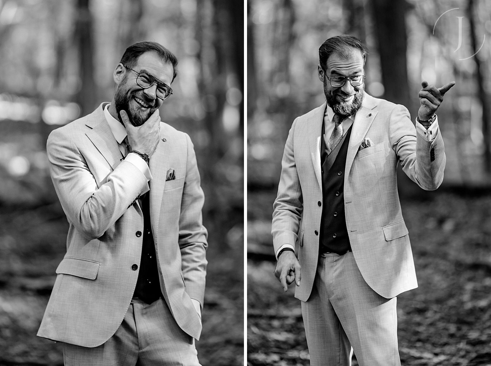 Pan Młody podczas sesji fotograficznej w Puszczy Bieniszewskiej. Fotograf ślubny Konin